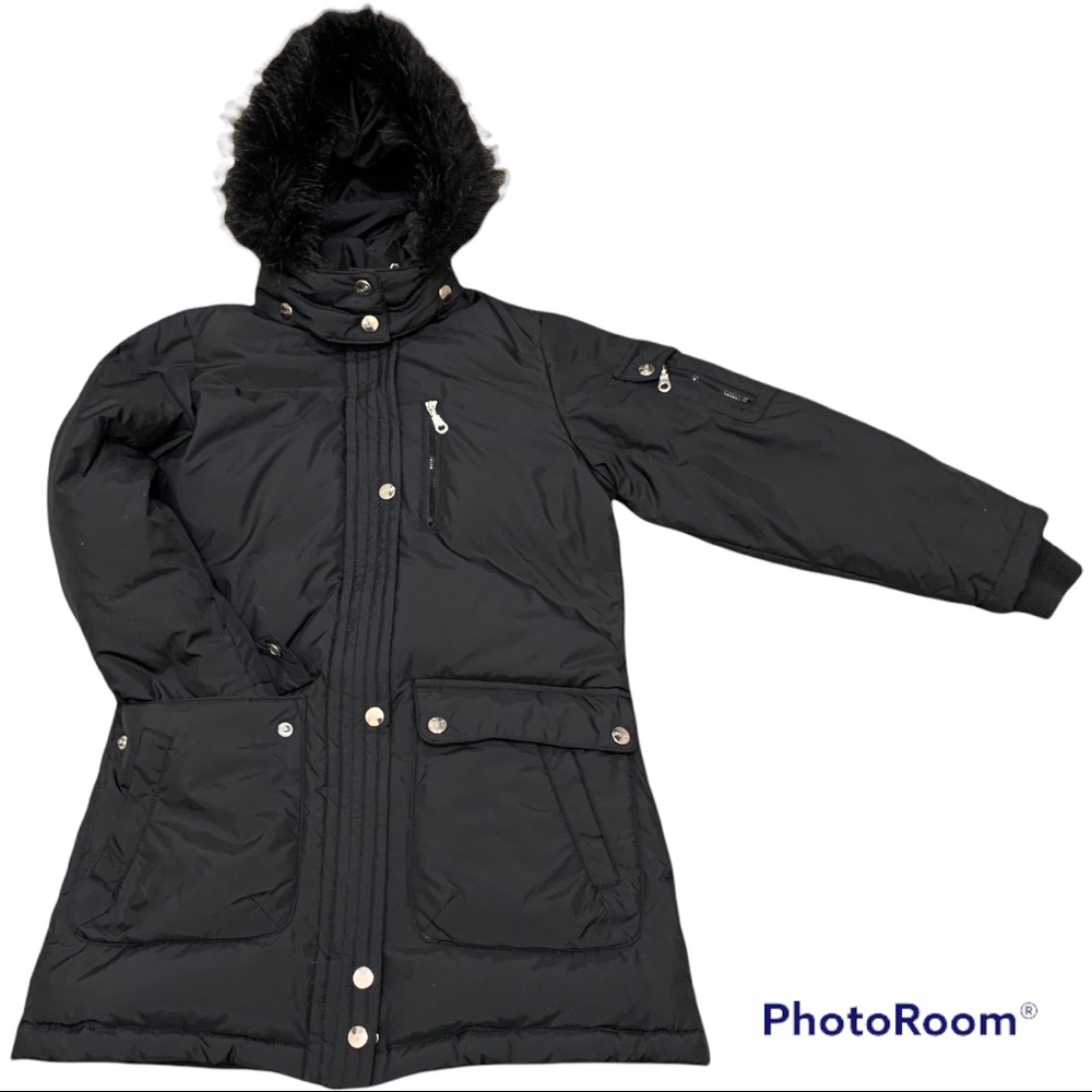 Girls’ DKNY hooded down puffer car coat black small S faux fur trim EXCELLENT!!